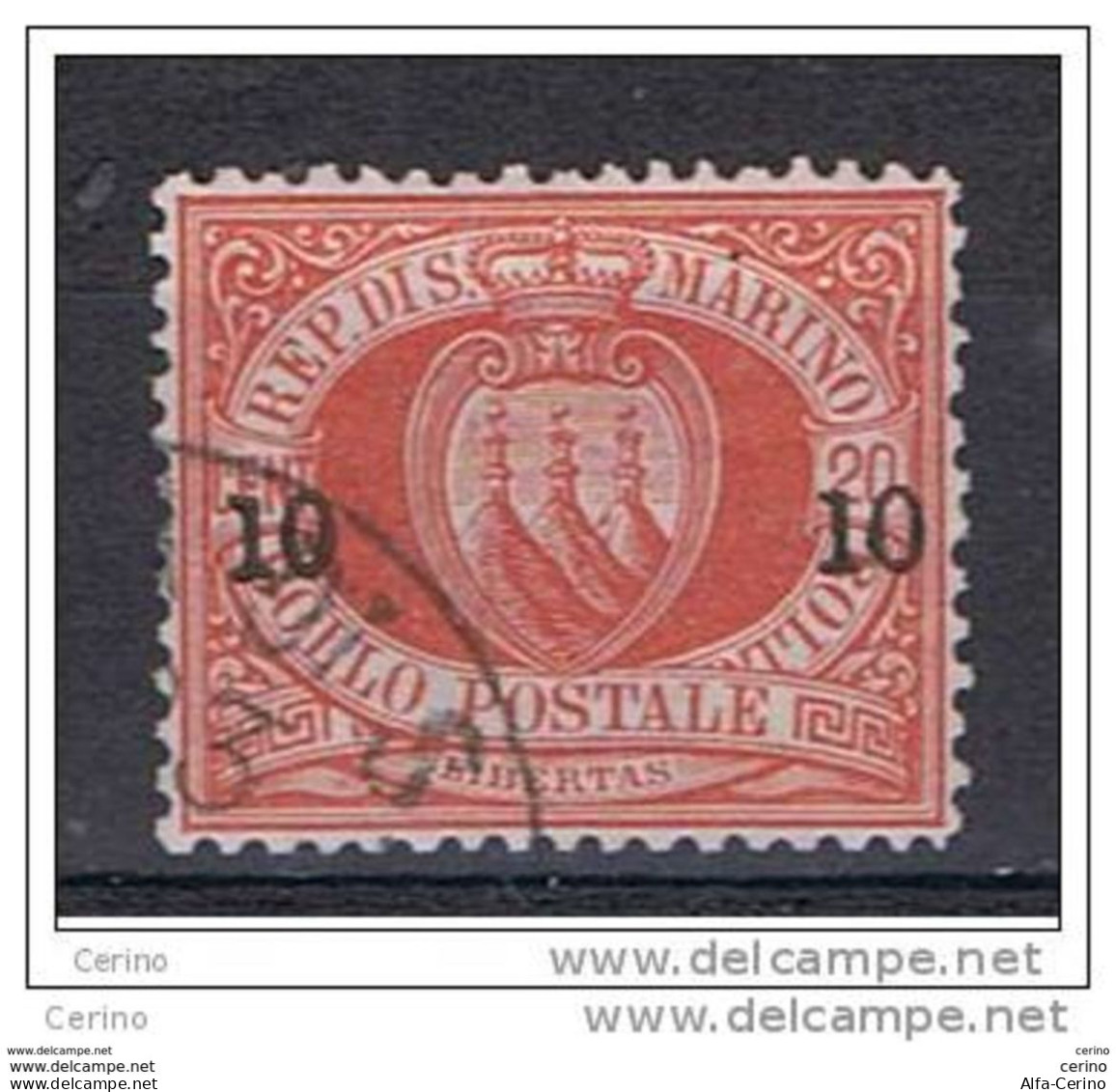 SAN  MARINO:  1892  SOPRASTAMPATO  -  10 C./20 C. ROSSO  US. -  CENTRATURA  PERFETTA  -  SASS. 11 - Oblitérés