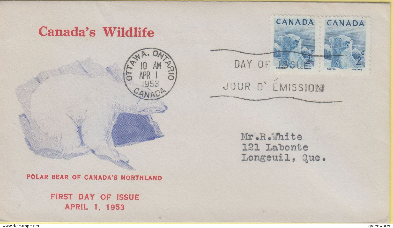 Canada 1953 Polar Bear 1v (pair) FDC Ca APR 1 1953 (CN162C) - 1952-1960