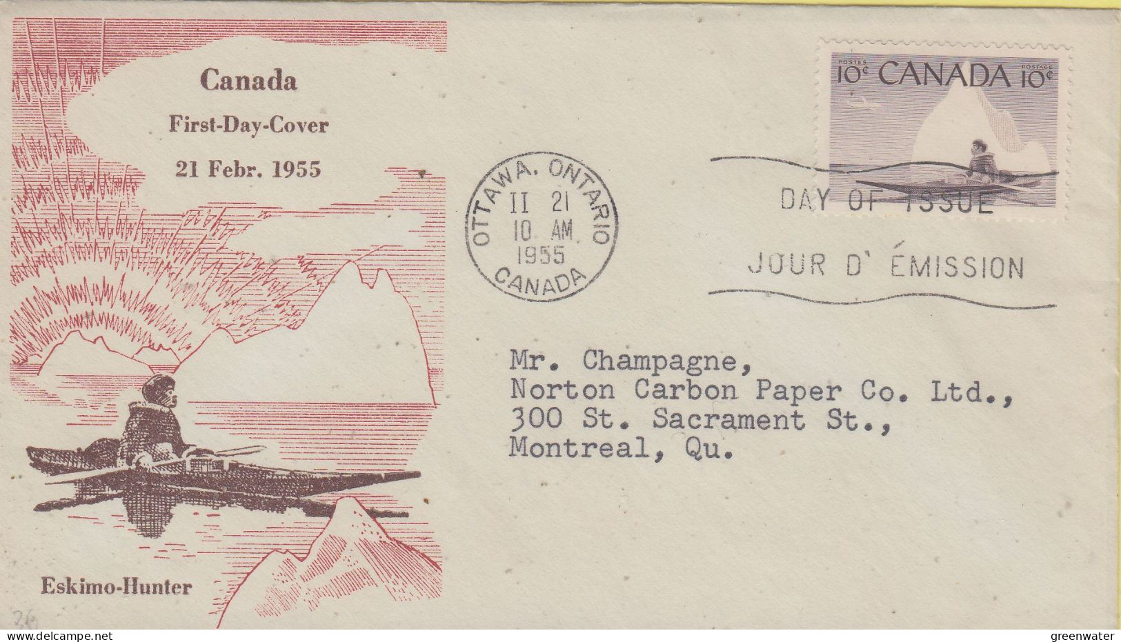 Canada 1955 Eskimo Hunter 1v FDC Ca 21.II.1955 (CN162E) - 1952-1960