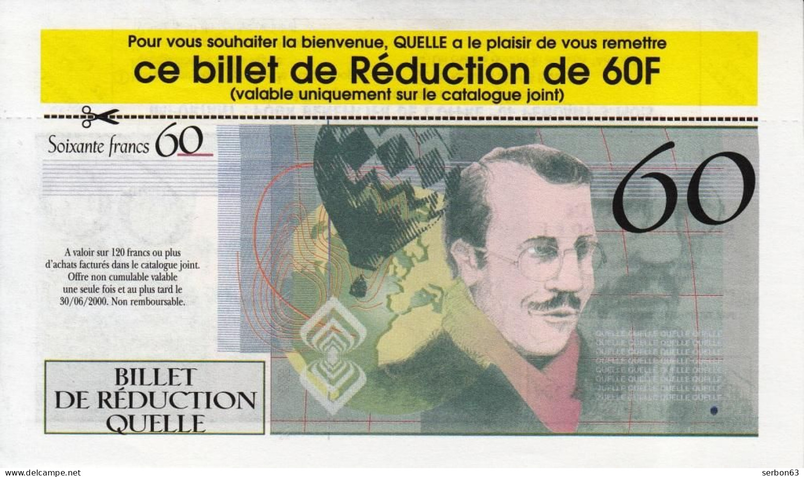 1 SPÉCIMEN VRAIE FAUSSE MONNAIE 60 FRANCS CATALOGUE QUELLE 30/06/2000 SUR 2 FACES DOCUMENT PUBLICITAIRE FICTIF - Fictifs & Spécimens