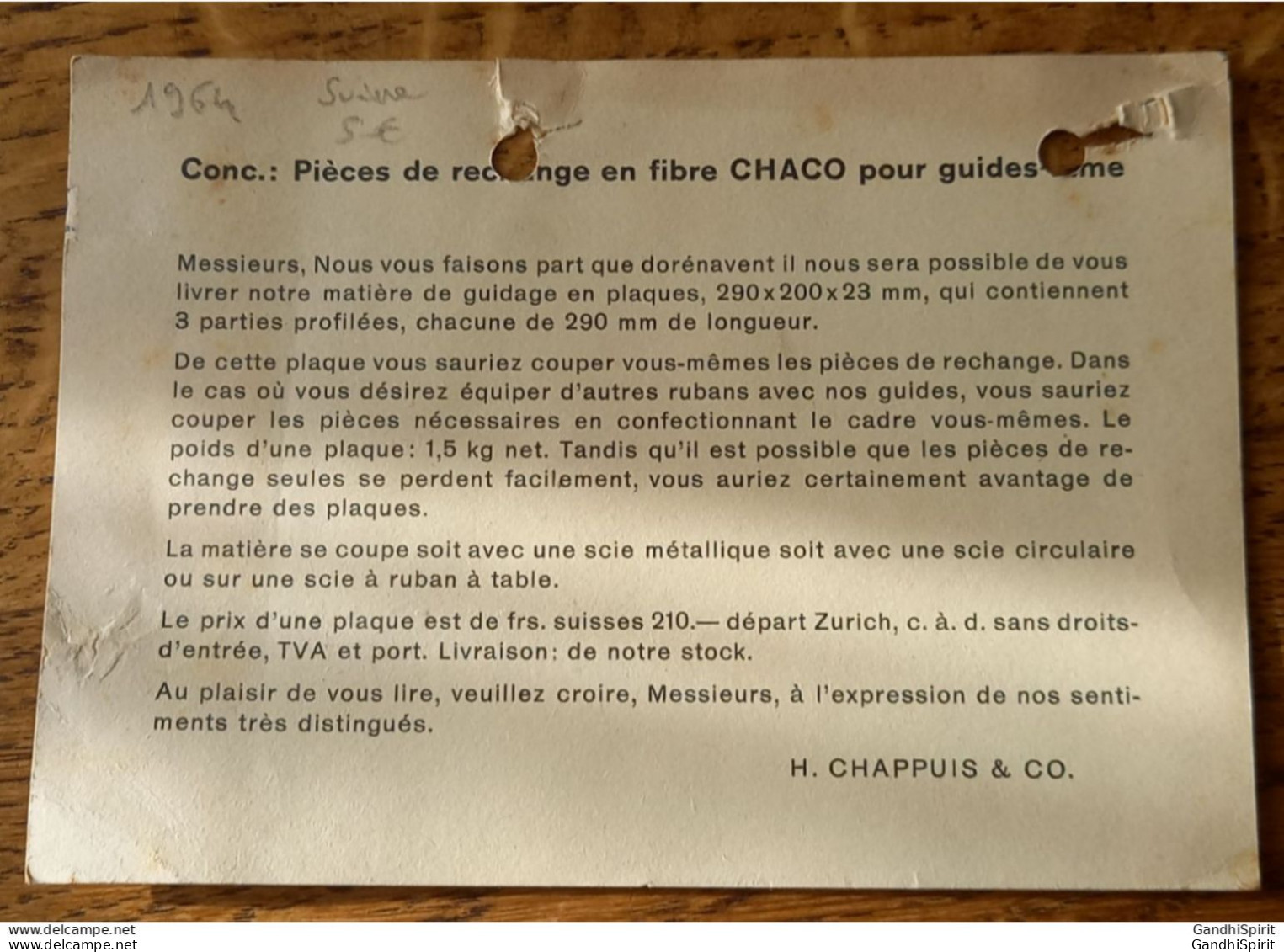 H. Chappuis & Co. Pièce De Rechange En Fibre Chaco Pour Guides Lames Aix En Othe, TAD Zurich 1 Briefversand 22.01.1964 - Suisse