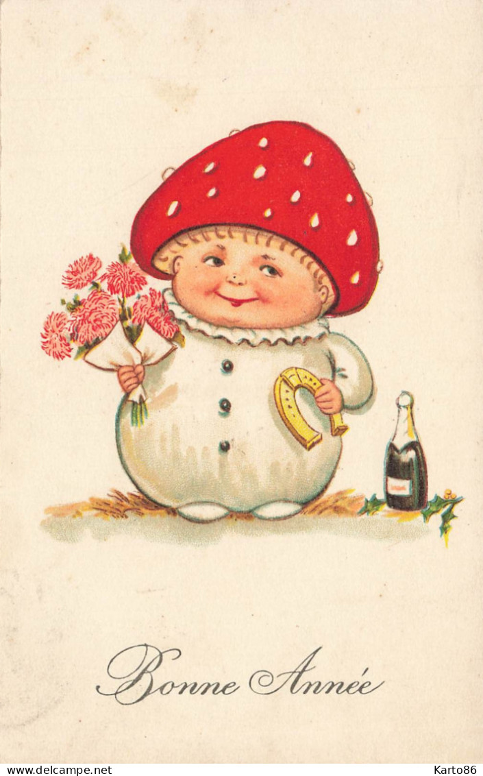 Enfant Champignon * CPA Illustrateur * Mushroom Champignons * Porte Bonheur Fer à Cheval Bouteille Champagne - Mushrooms