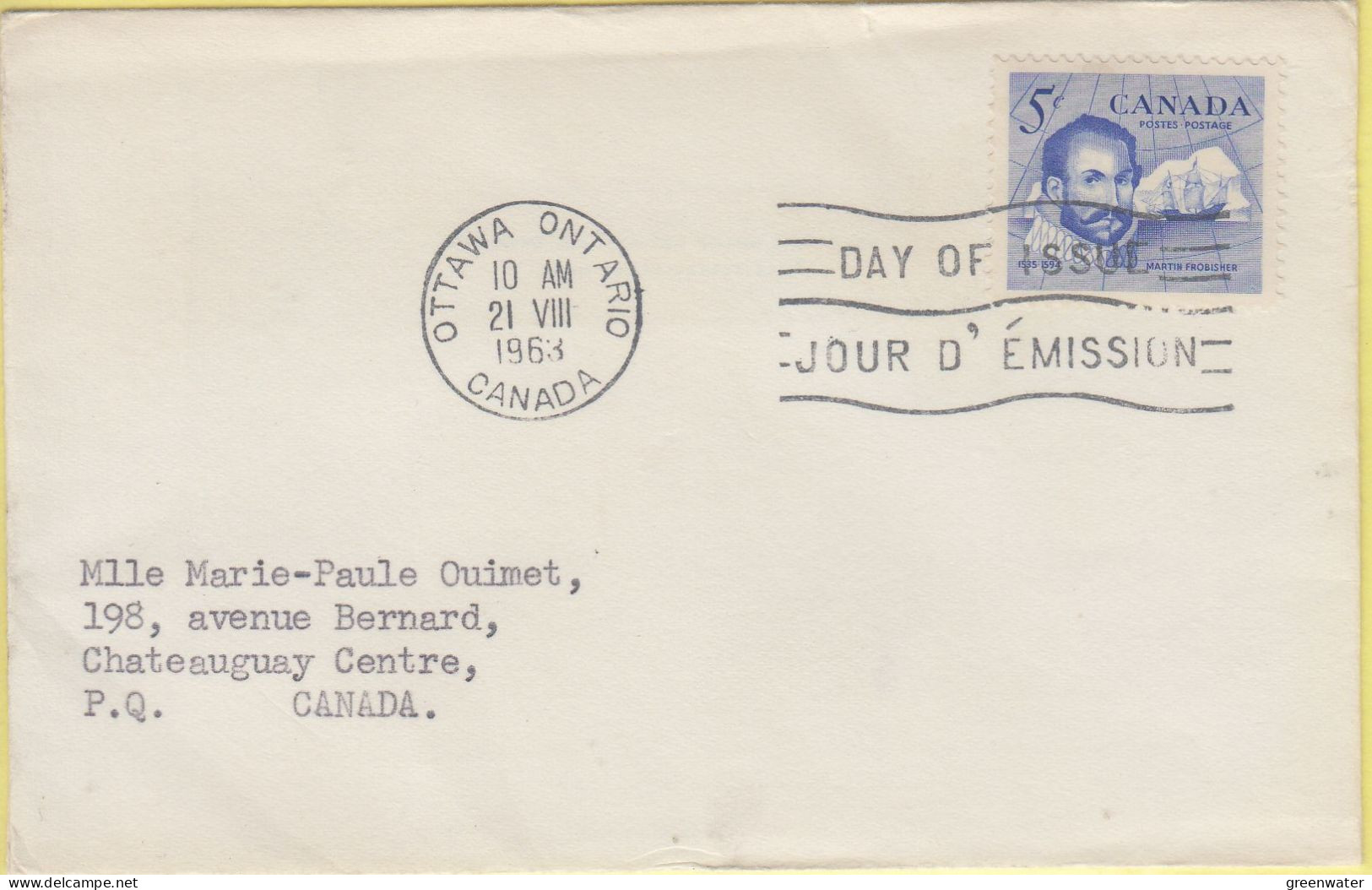 Canada 1963 Sir Martin Frobisher 1v FDC Ca 21.8.1963 (CN164) - 1961-1970