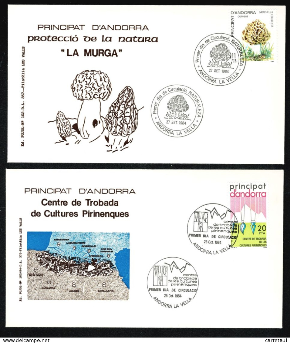 ANDORRE ANDORRA Espagnol Lot De 2 Enveloppes FDC édition Locale PUJOL Champignon Morille & Culture Pyérénées 1984 TTB - Collezioni