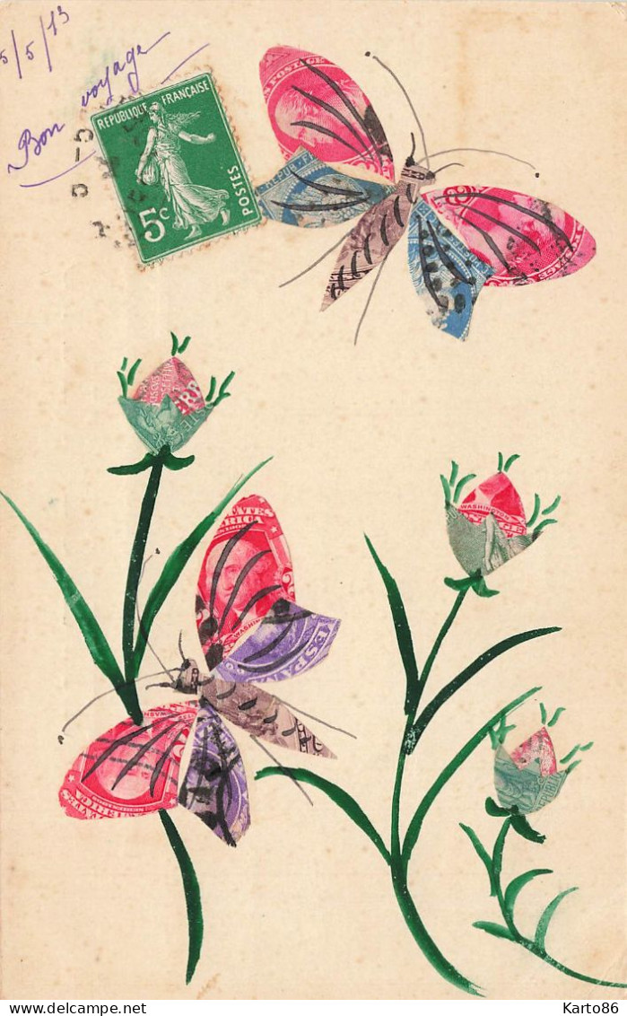 Stamps * CPA à Système De Collage De Timbres ! * Papillons & Fleurs * Thème Butterfly Papillon * 1913 - Timbres (représentations)
