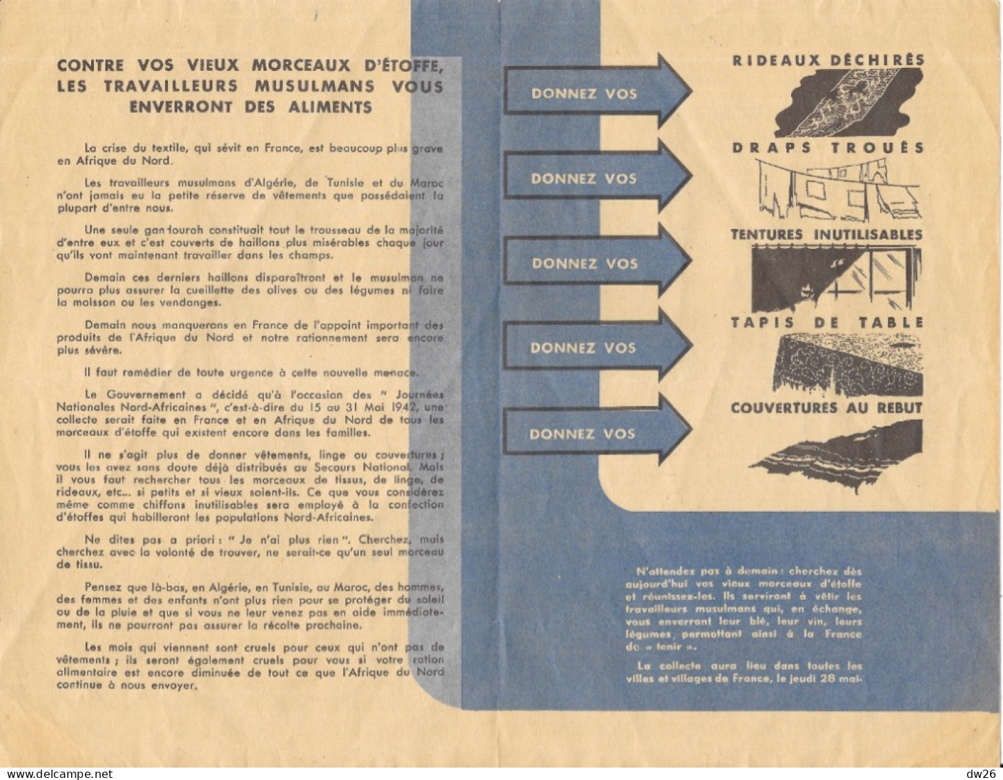 Affichette Solidarité Journée Nationale Nord-Africaine De Récupération Des Textiles, 28 Mai 1942, Notre Afrique Du Nord - Afiches