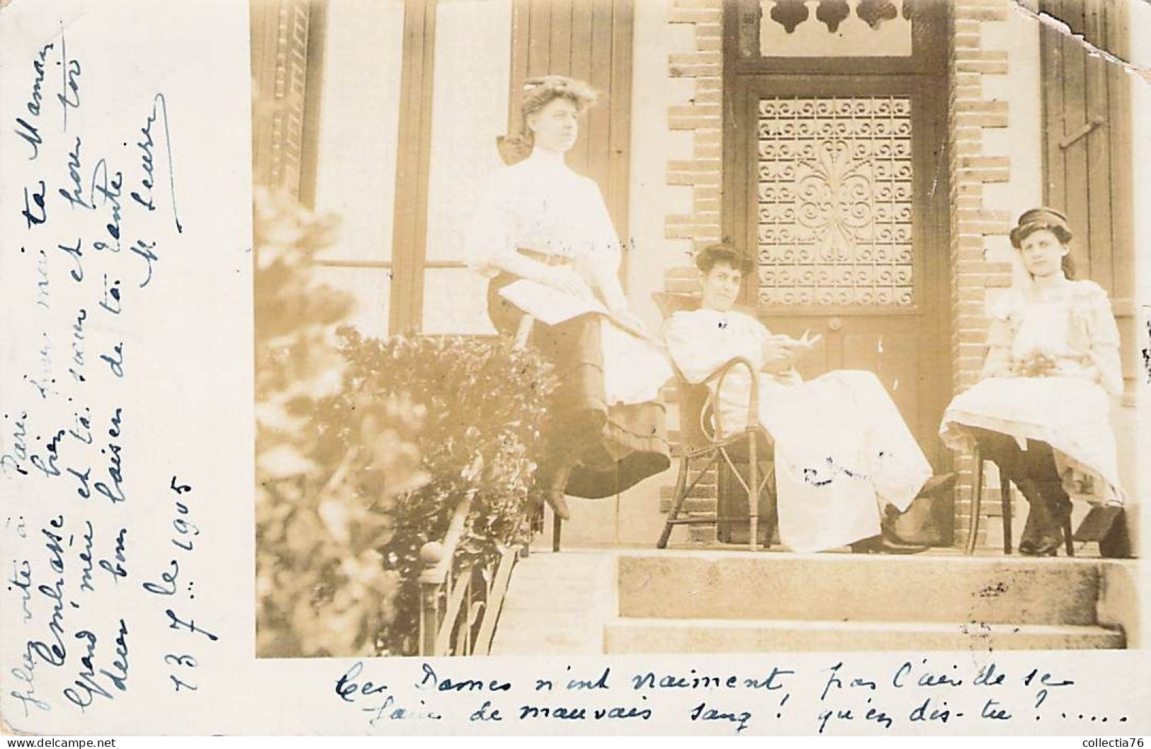 CARTE PHOTO THEMES TROIS FEMMES ASSISE SUR SUR PERRON 1905 FAMILLE LEURRE POULAIN SAINT BREVIN 1905 DOS DIVISE ECRIT - Genealogía