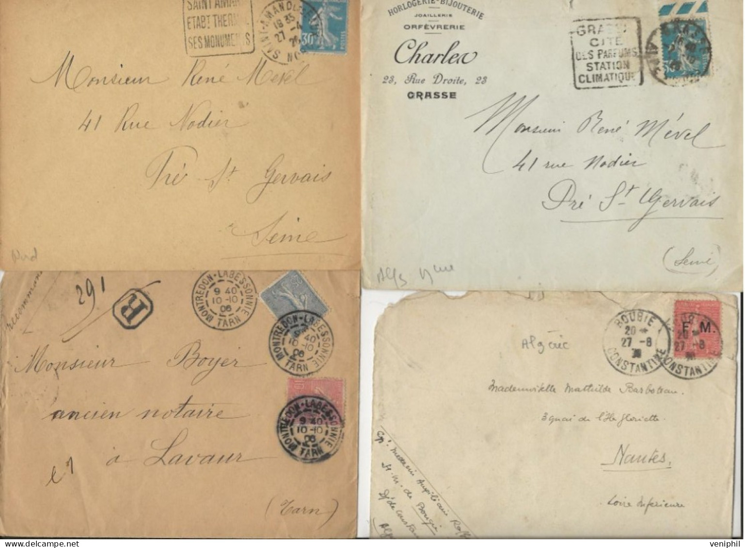 LOT DE 12 LETTRES SEMI-MODERNE -AFFRANCHISSEMENT SEMEUSE -OBLITERATIONS DIVERSES -DAGUIN -FM ALGERIE -1906-35 - Mechanical Postmarks (Other)