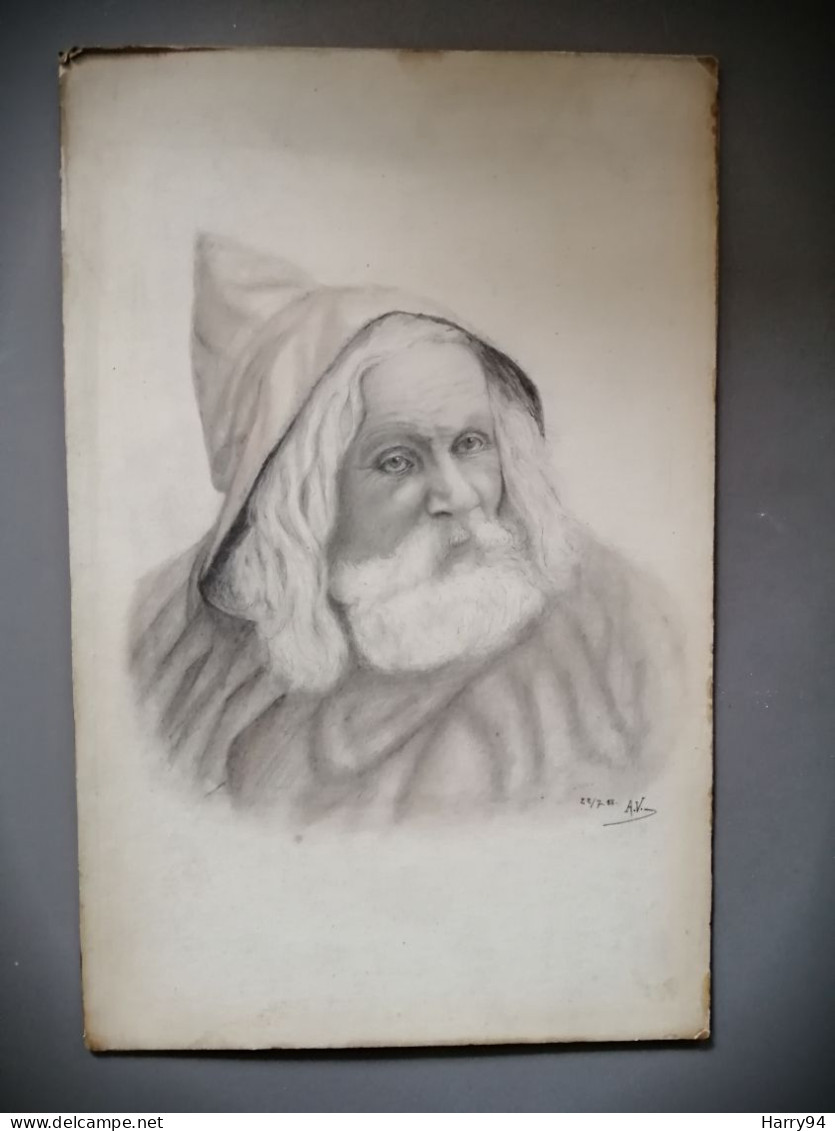 Portrait D'un Vieil Homme Pastel 1918 Signé A.V - Pasteles