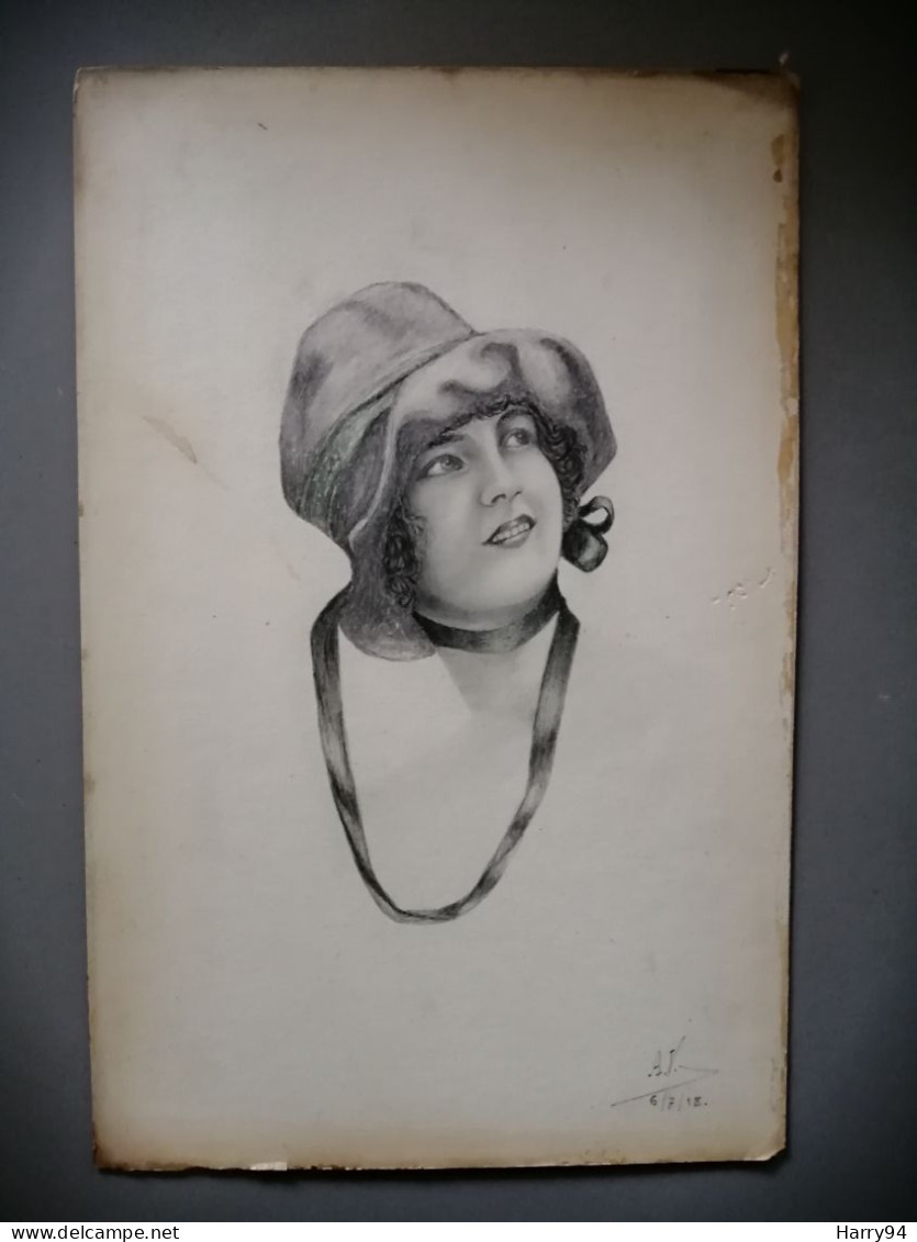 Portrait D'une Jeune Femme élégante Pastel 1918 Signé A.V - Pastelli