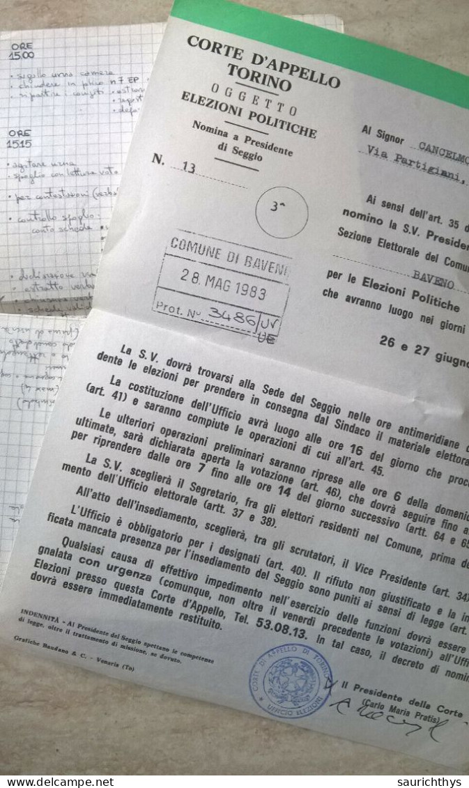 Ministero Dell'Interno Istruzioni Per Gli Uffici Elettorali Di Sezione Elezioni Politiche 1983 - Baveno - Rechten En Economie