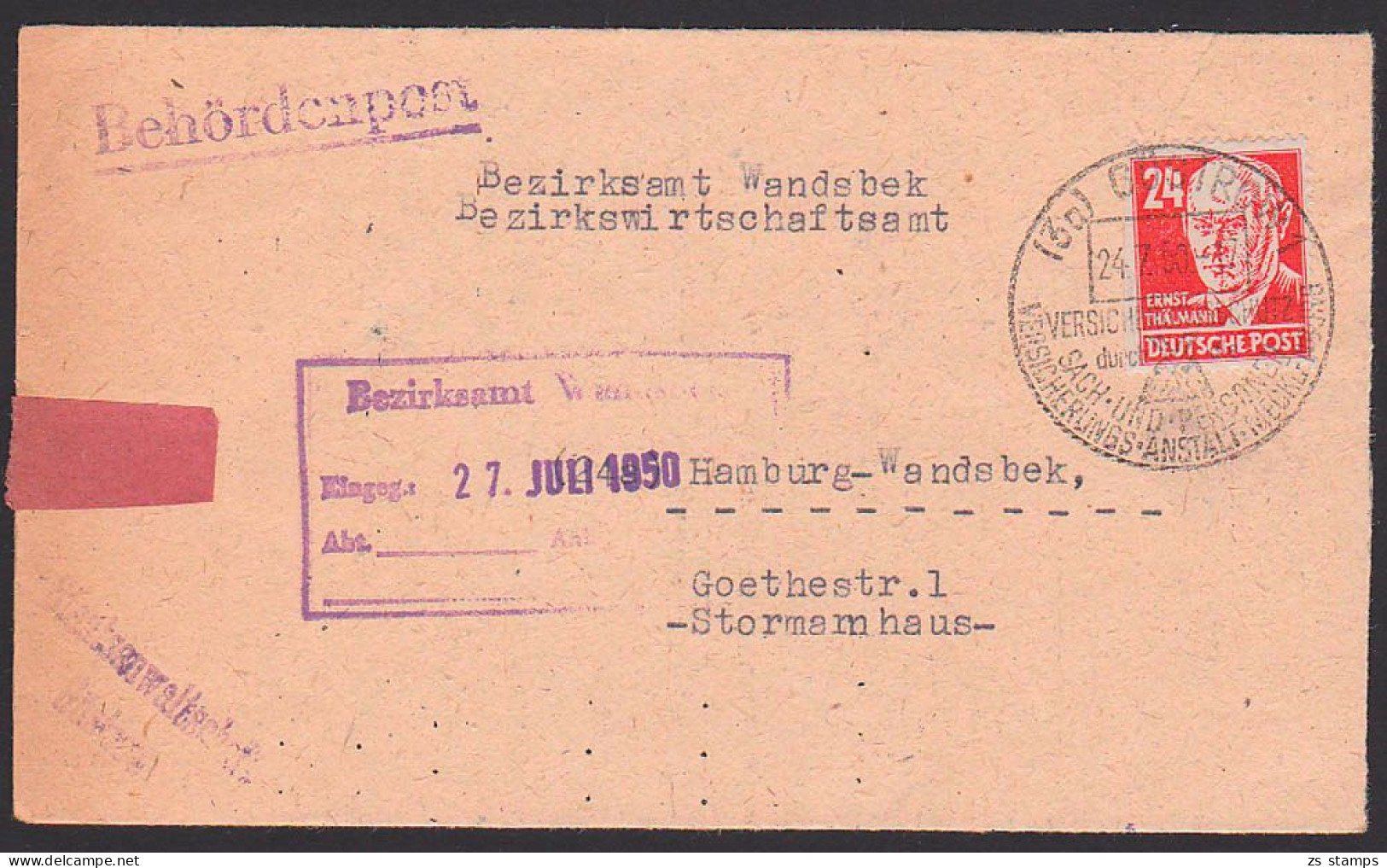 Güstrow Behördenpost Vor 1.10.52, SSt 24.7.50 Nach Hamburg-Wandsbek Betr. Srafregister - Covers & Documents