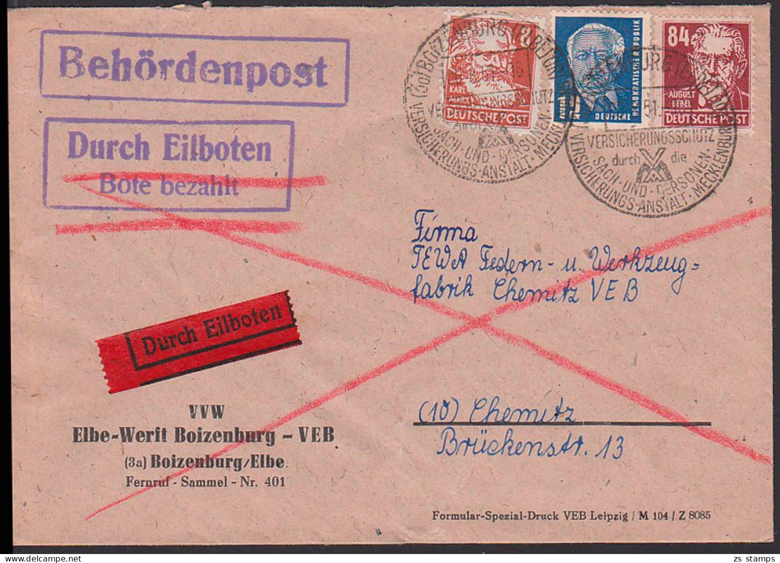 Bützow Behördenpost Vor 1.10.52, SSt 6.8.51 Nach Chemnitz Eilsendung, 2. Portostufe MiF W. Pieck Und Köpfe I - Storia Postale