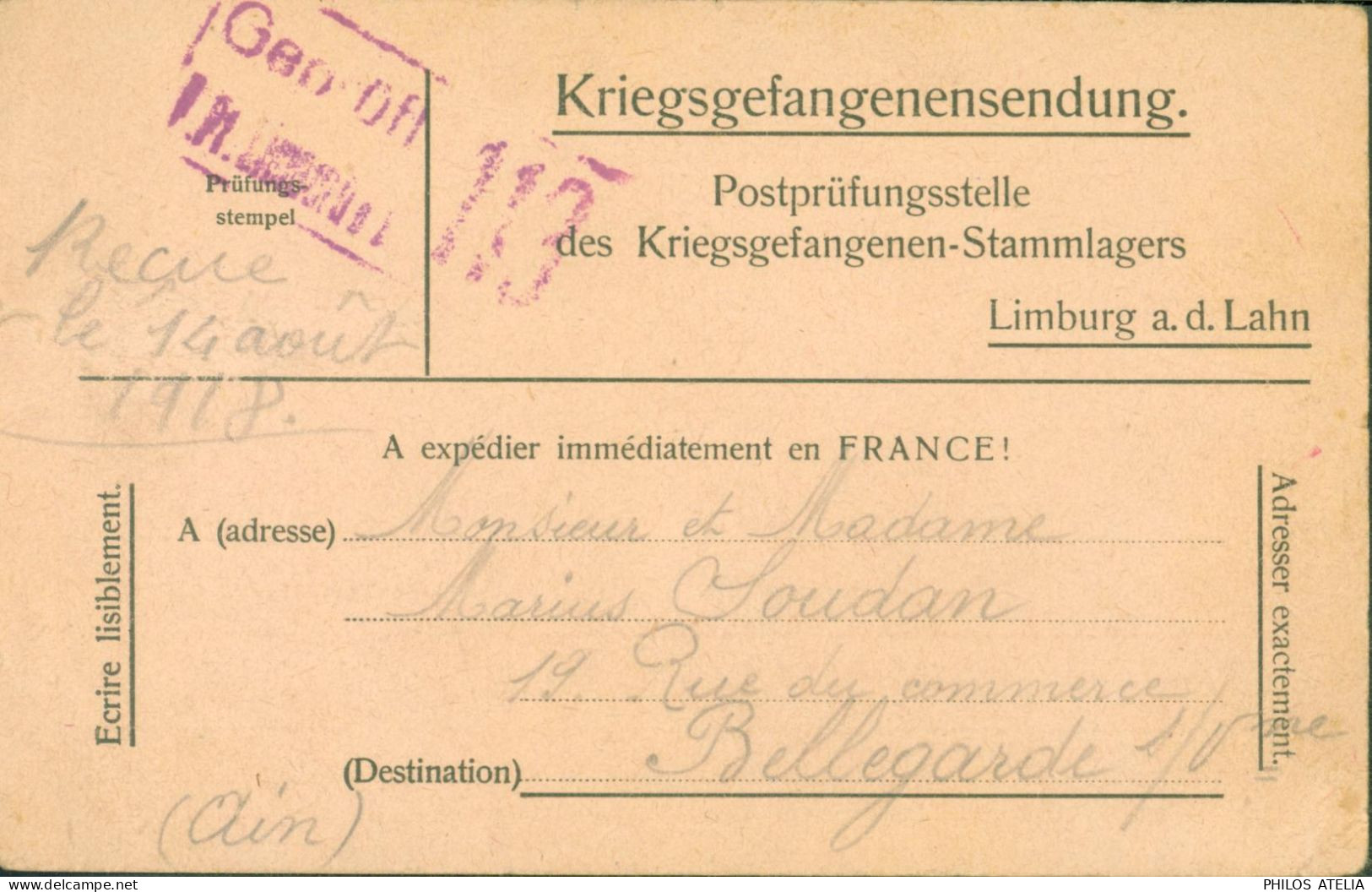 Guerre 14 Avis De Capture D'un Prisonnier De Guerre Français à Limburg A.d. Lahn Censure Camp 29 6 18 FM Franchise - Oorlog 1914-18