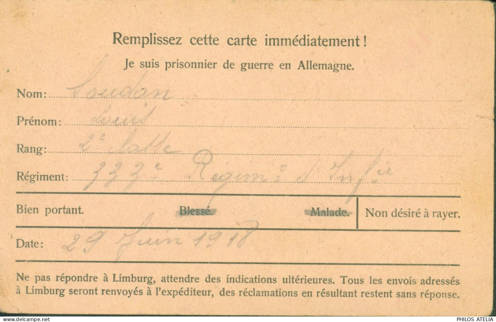 Guerre 14 Avis De Capture D'un Prisonnier De Guerre Français à Limburg A.d. Lahn Censure Camp 29 6 18 FM Franchise - WW I