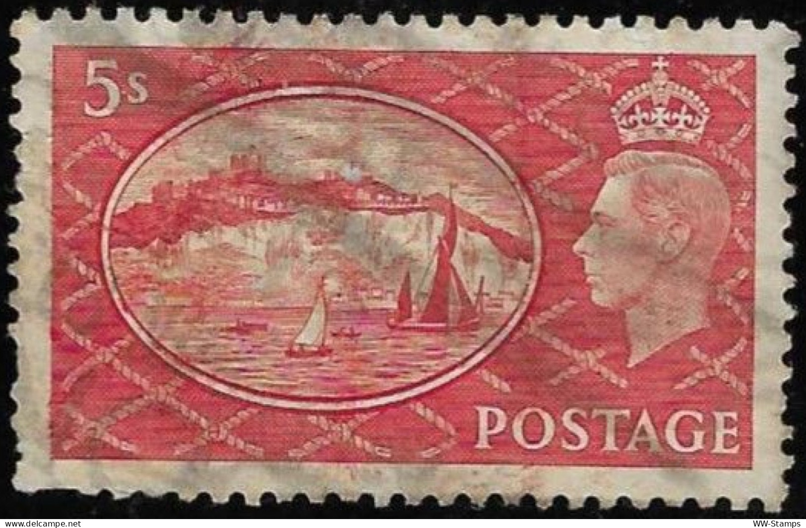 Great Britain 1951 Used Stamp King George VI White Cliffs Dover Boat 5sh [WLT297] - Oblitérés