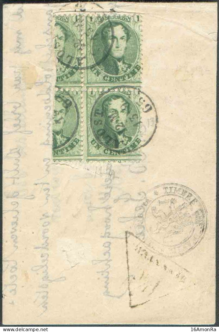 N°13B(4) - Médaillons 1 Centime Vert En Bloc De 4 (2 Timbres Déchirés Par La Bandelette D'adresse) Sur Imprimé (timbre F - 1863-1864 Medallones (13/16)