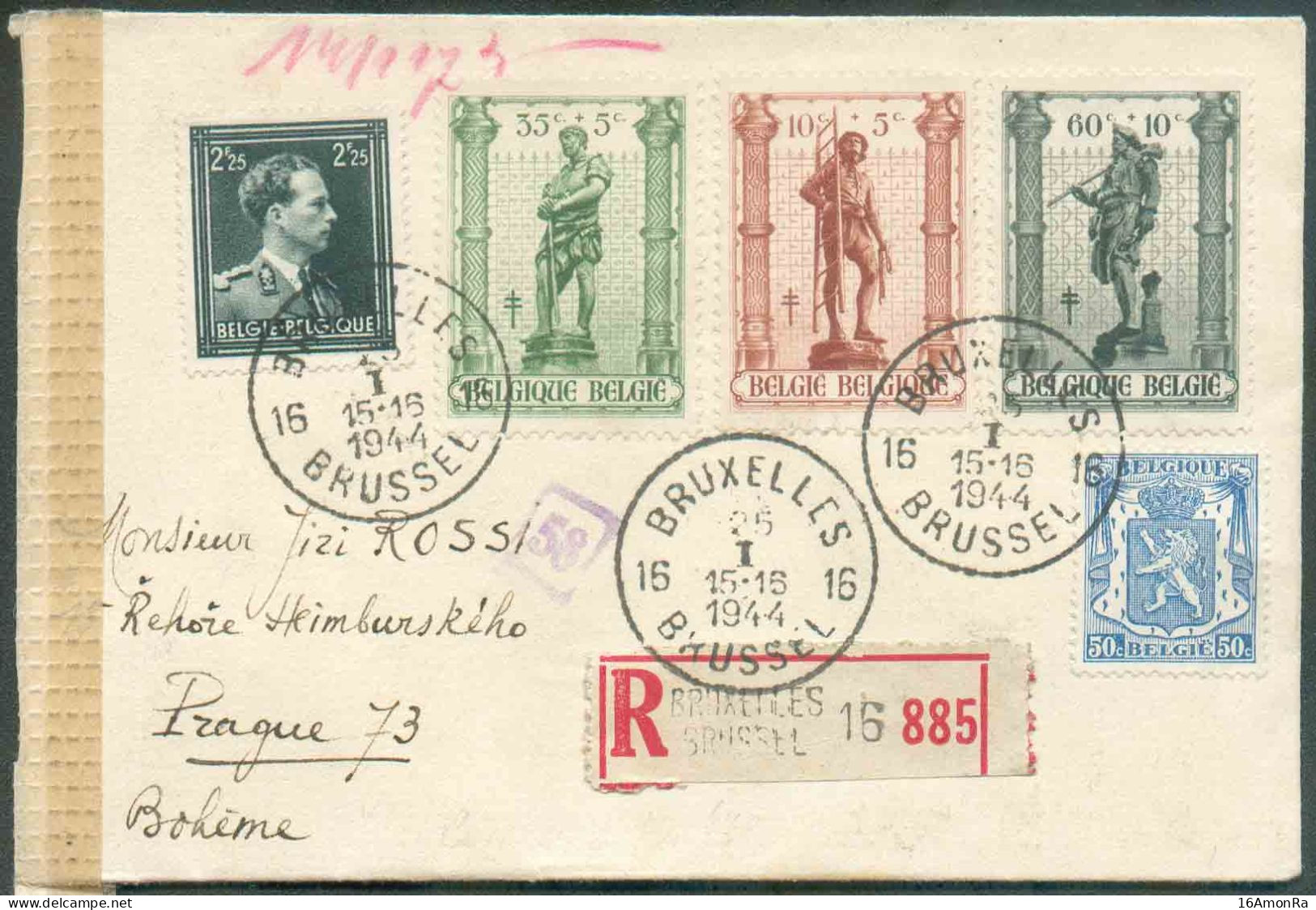 N°426-615/617-644 - Affr. METIERS Obl. Sc BRUXELLES 16 Sur Lettre Recommandée Du 25-1-1944 Vers Prague + Bande Et Cachet - Cartas & Documentos