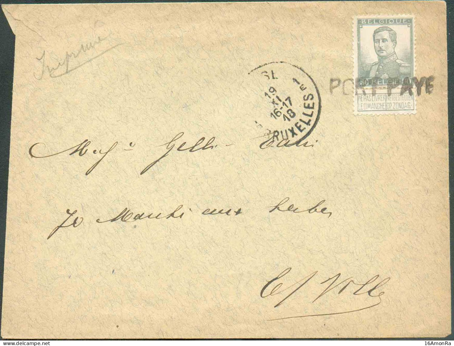 N°115 - 50 Centimes PELLENS Annulé Par La Griffe De Fortune PORT PAYE Sur Lettre De BRUXELLES Du 19-XI-1918 (8 Jours Apr - 1912 Pellens