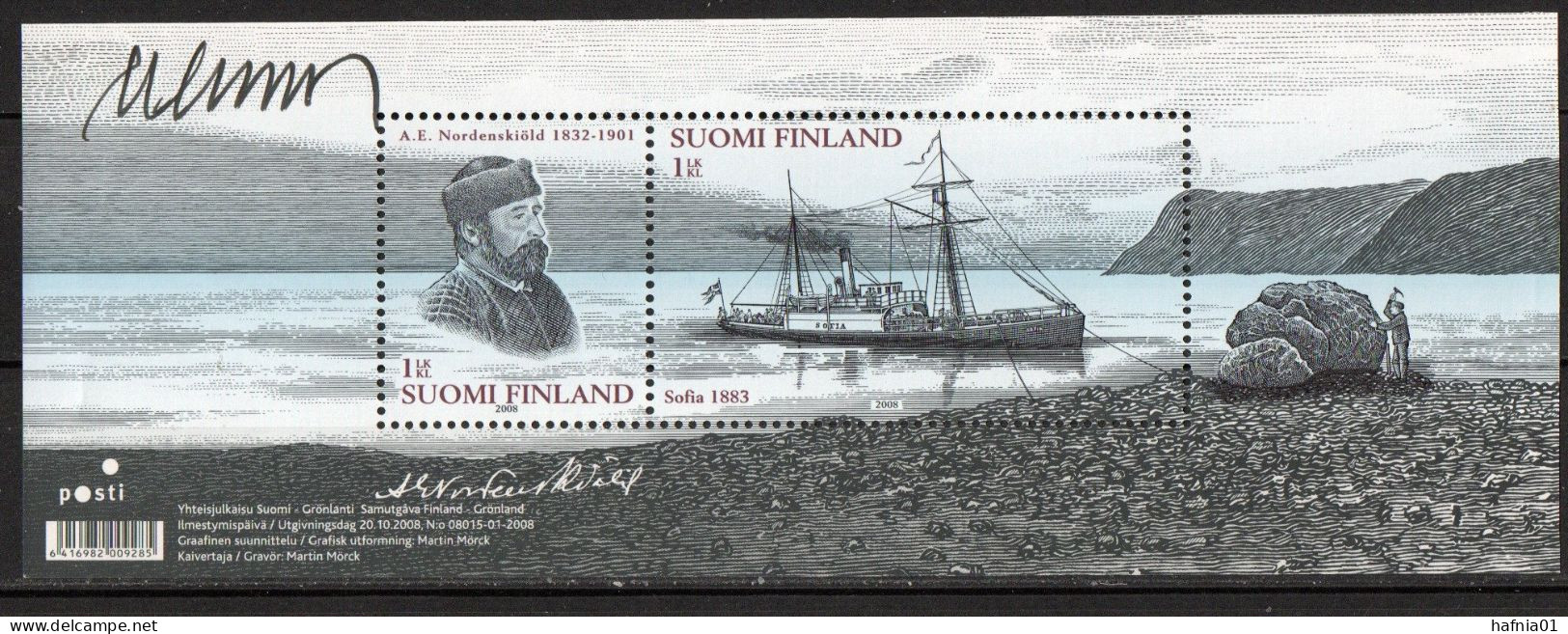 Martin Mörck. Finland 2008. Adolf Erik Nordenskiöld. Souvenir Sheet. Michel Bl.52 MNH. Signed. - Blocks & Sheetlets