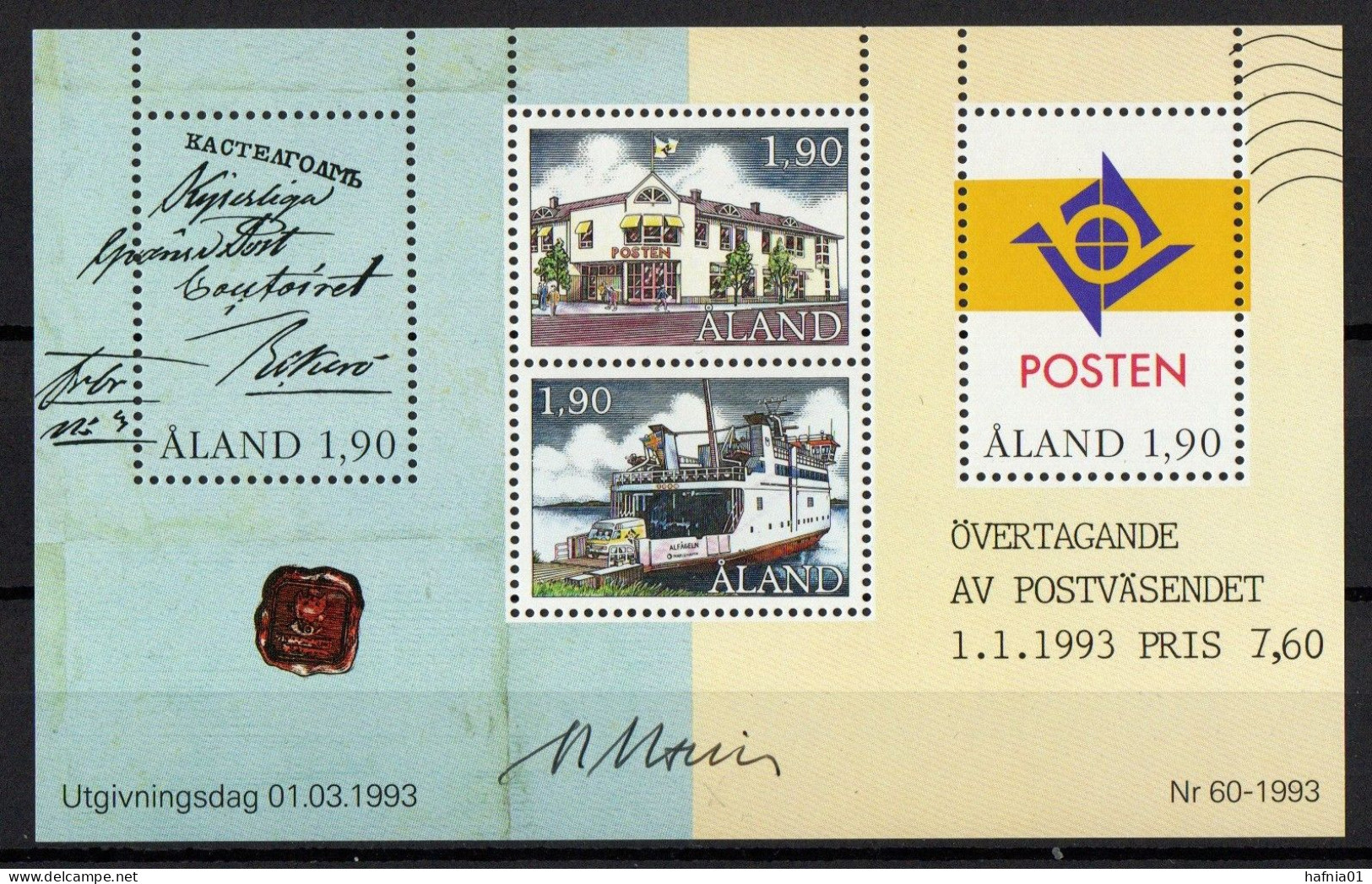 Martin Mörck. Aaland 1993. Own Postal Sovereignty.  Souvenir Sheet. Michel Bl.2 MNH. Signed. - Blocks & Sheetlets