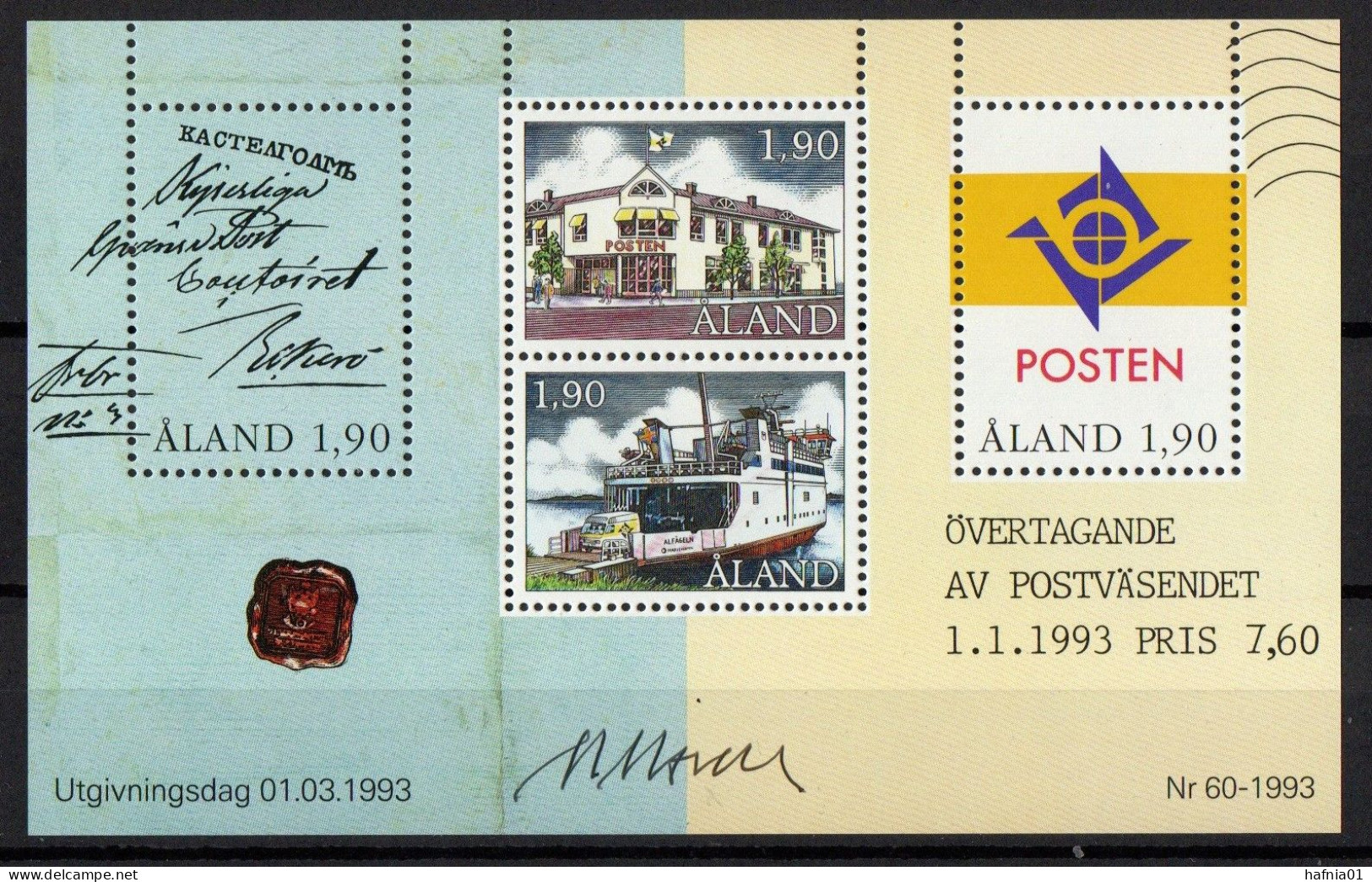 Martin Mörck. Aaland 1993. Own Postal Sovereignty.  Souvenir Sheet. Michel Bl.2 MNH. Signed. - Hojas Bloque