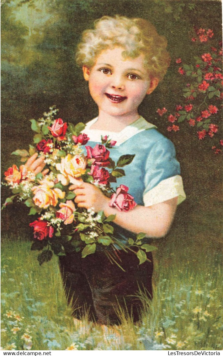 ENFANTS - Dessins D'enfants - Petit Garçon Avec Des Fleurs - Carte Postale Ancienne - Dibujos De Niños