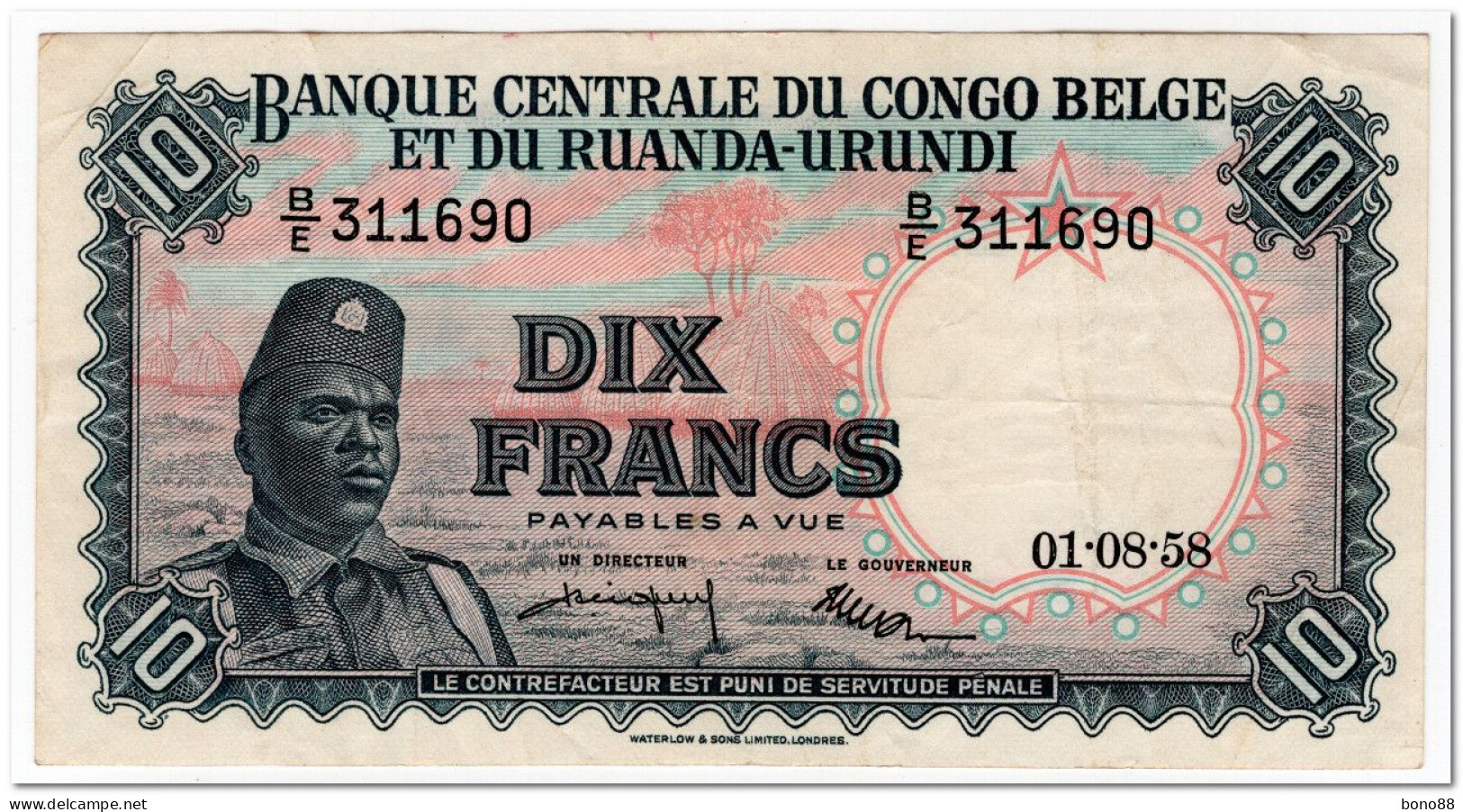 BELGIAN CONGO,10 FRANCS,1958,P.30b,VF+ - Bank Belg. Kongo