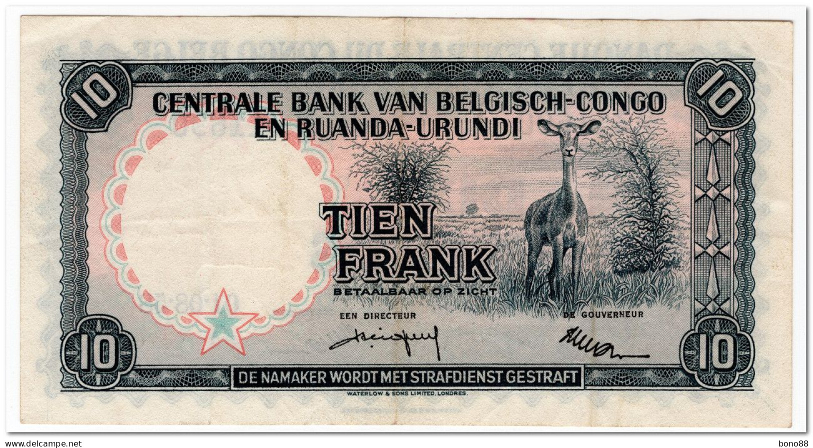 BELGIAN CONGO,10 FRANCS,1958,P.30b,VF+ - Bank Van Belgisch Kongo