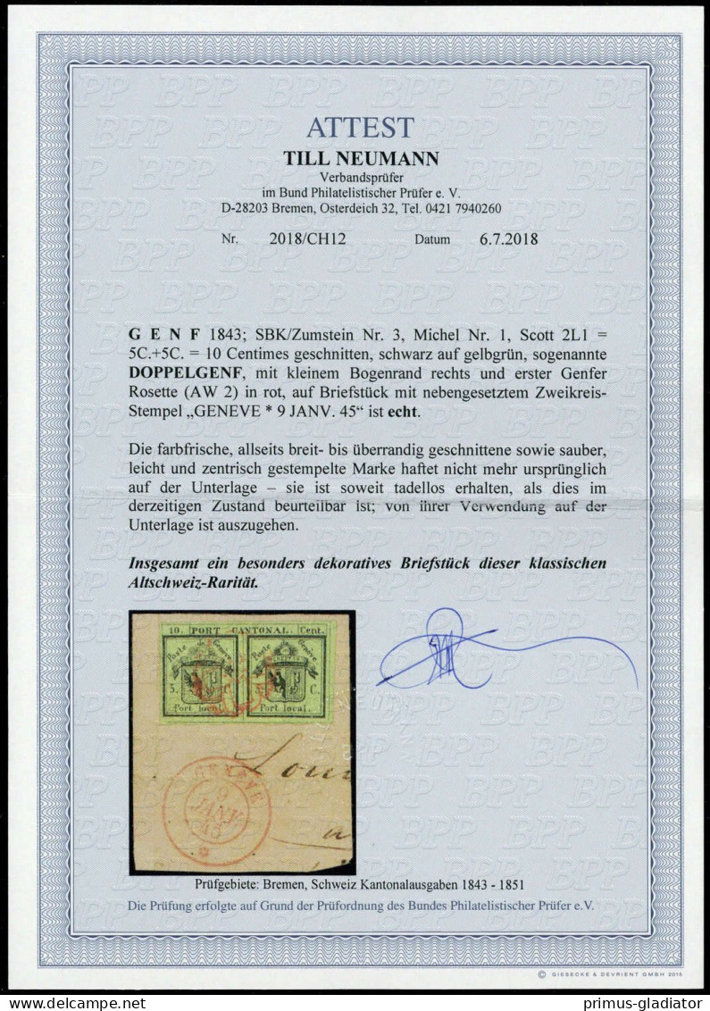 1843, Schweiz Kantone Genf, 1 Bogenrand, Briefst. - 1843-1852 Federal & Cantonal Stamps