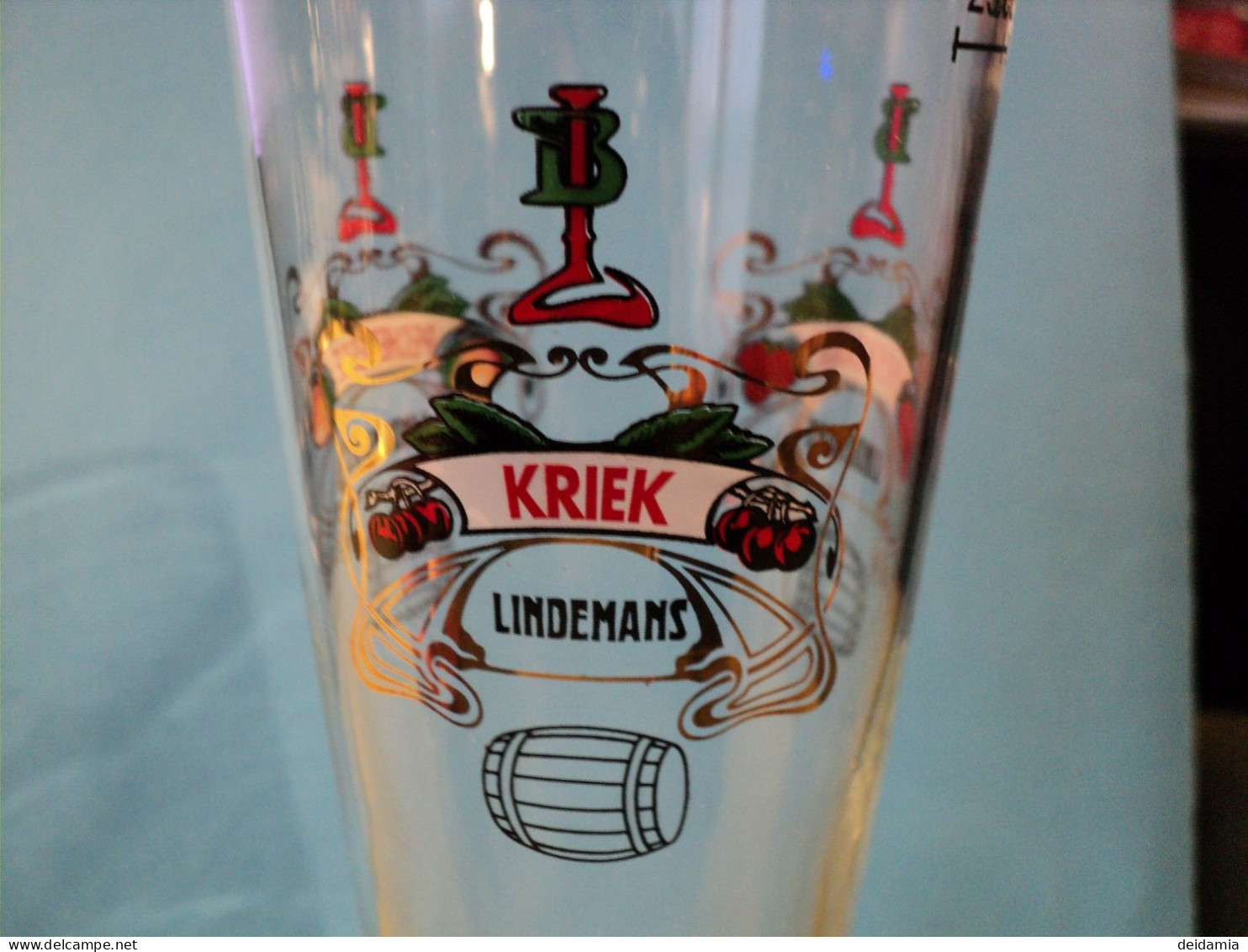 VERRE A BIERE AUX 3 FRUITS LINDEMANS FRAMBOISE / KRIEK / PECHERESSE. 25 CL NOIR / BLANC / ROUGE / VERT ET DORE - Gläser