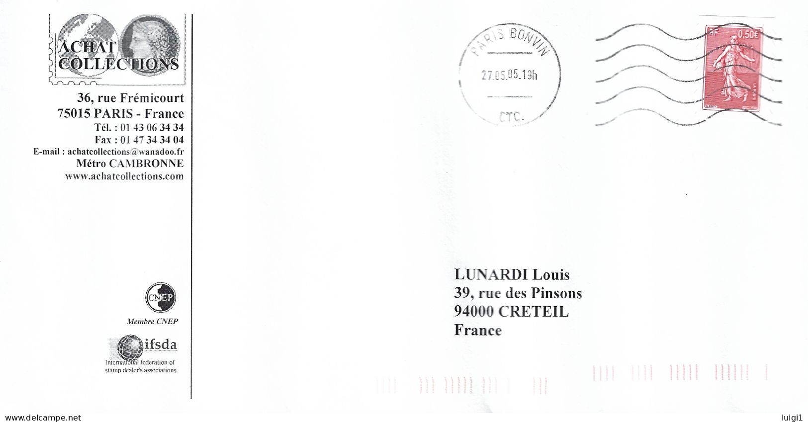 LUQUET 2003- Y&T Adf. N°36 (3619 )  - 0,50 € Rouge - " Semeuse De Roty " - 2 Bandes PHO . Sur Lettre Du 27.05.2005. TB. - Lettres & Documents
