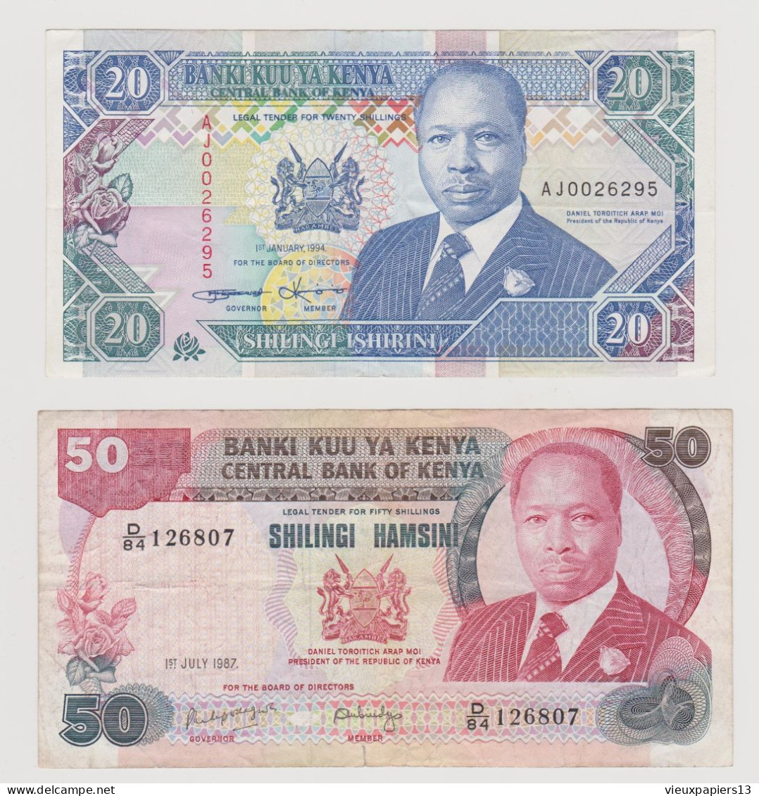 2 Billets Du Kenya 20 Twenty Shillings 1994 Et 50 Fifty Shillings 1987 - Kenia