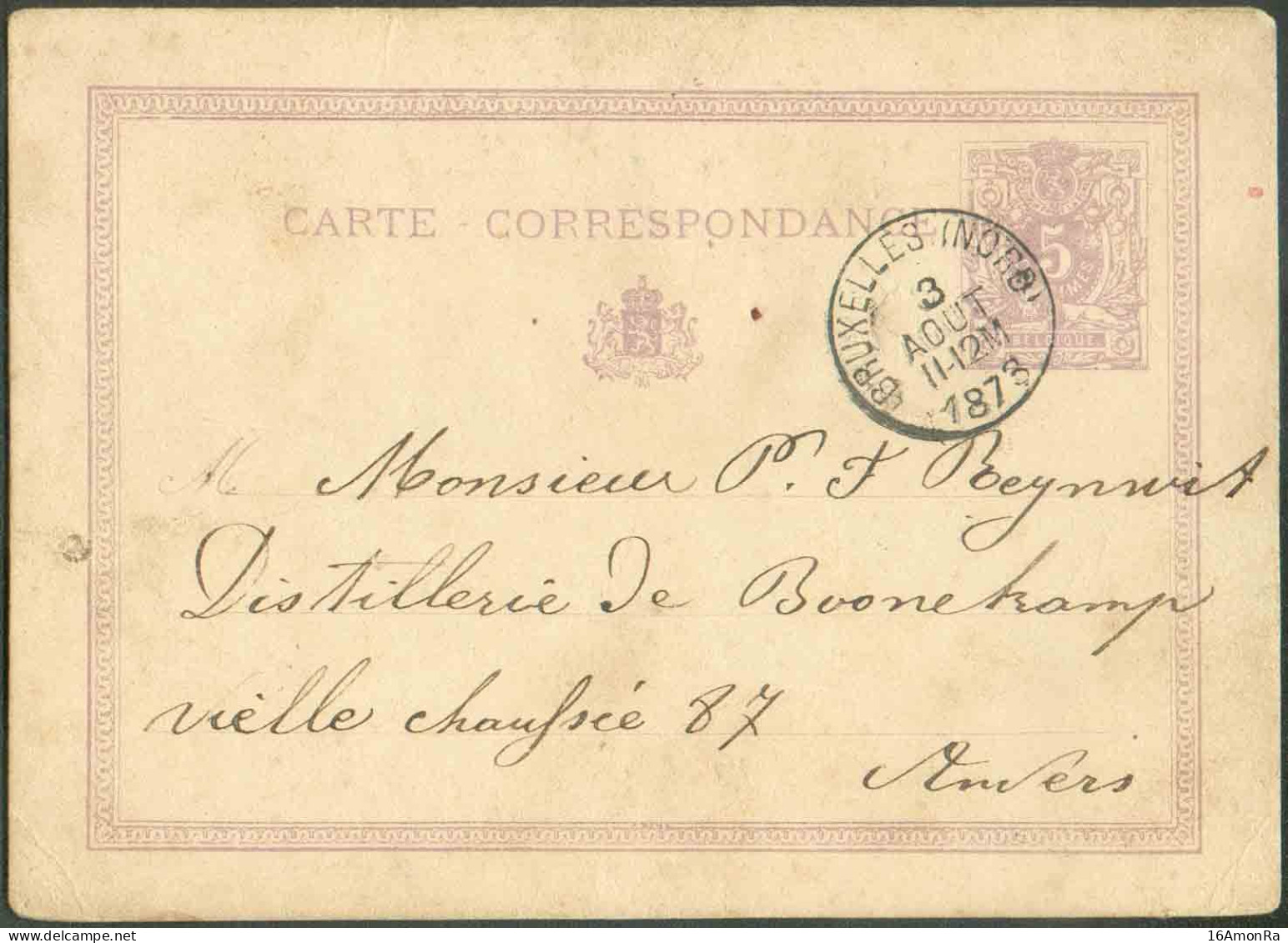 BELGIUM E.P. Carte 5c. Lilas, Obl. Dc BRUXELLES (NORD) 3 Août 1878 Adressé à Beynwit De La Distillerie De Boonekamp à An - Cervezas