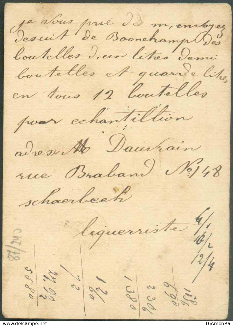 BELGIUM E.P. Carte 5c. Lilas, Obl. Dc BRUXELLES (NORD) 3 Août 1878 Adressé à Beynwit De La Distillerie De Boonekamp à An - Birre