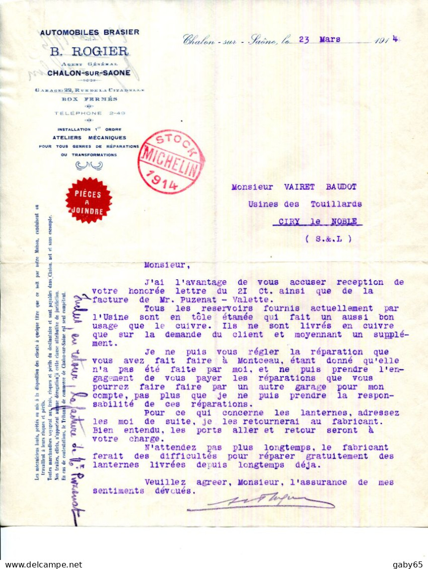 FACTURE.71.SAONE & LOIRE.CHALON SUR SAONE.AUTOMOBILES BRASIER.E.ROGIER AGENT GENERAL 22 RUE DE LA CITADELLE. - Automobile