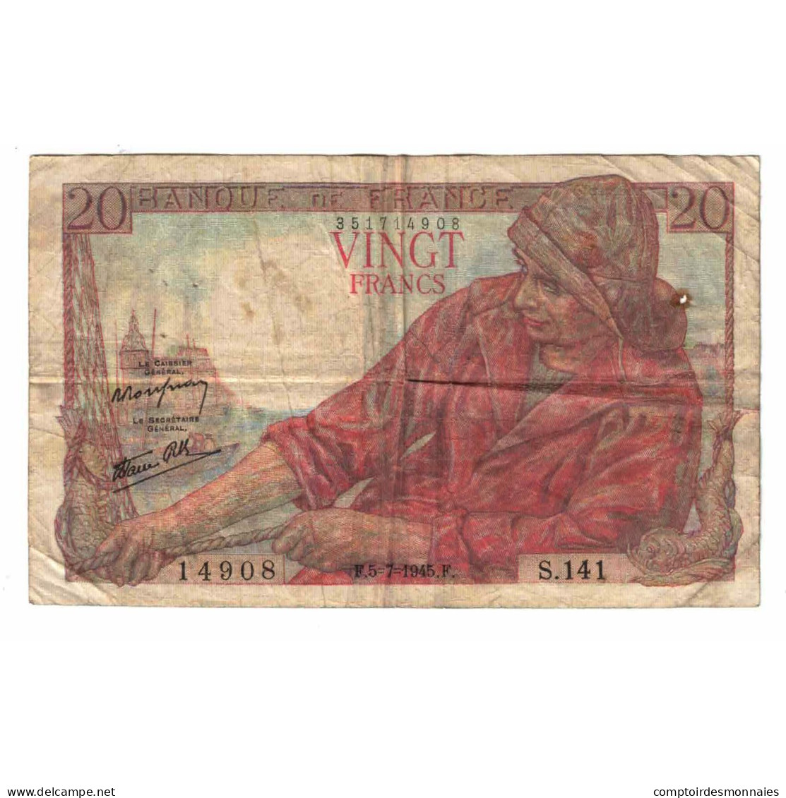 France, 20 Francs, Pêcheur, 1945, S.141, TB, Fayette:13.10, KM:100a - 20 F 1942-1950 ''Pêcheur''