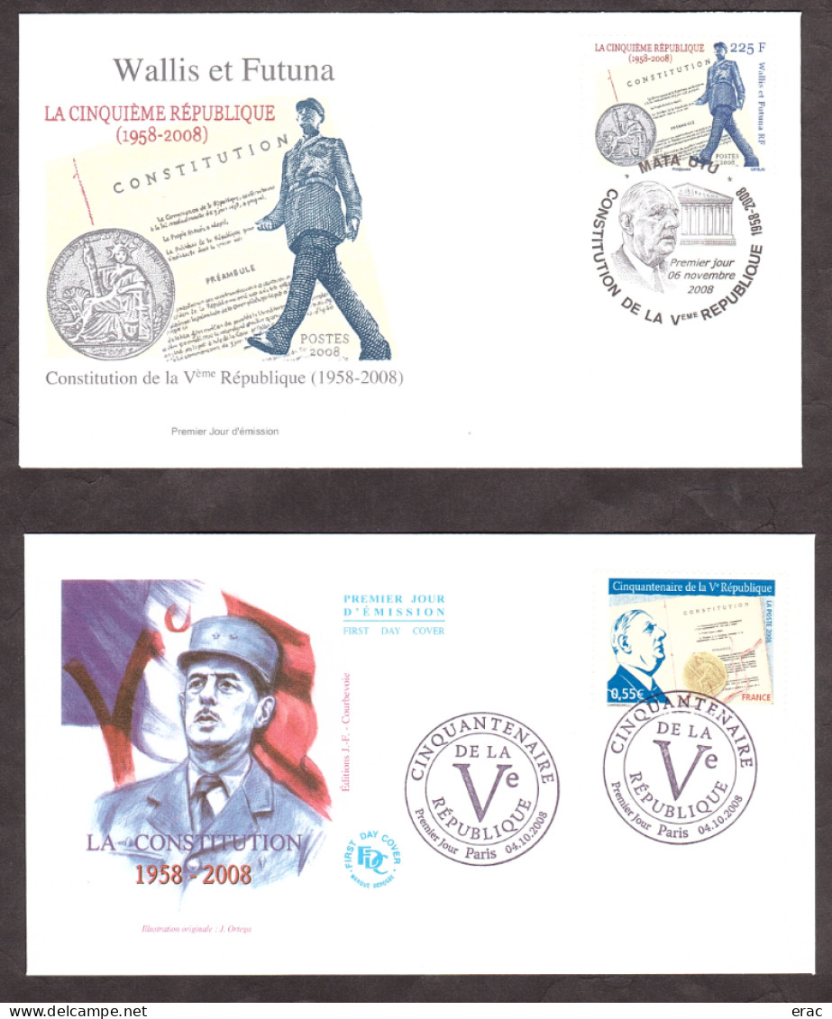 2008 - 4 Enveloppes Premier Jour - V° République - Charles De Gaulle - France - Wallis Et Futuna - Nouvelle-Calédonie - Collections (sans Albums)