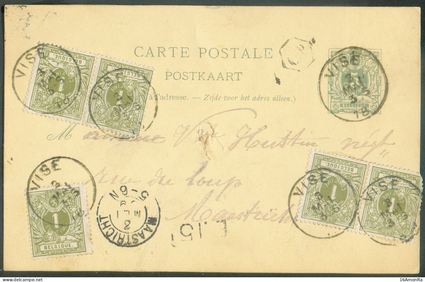 N°43(5) - 1 Centime Réséda (5ex.) En Affr. Complémentaire Sur E.P. Carte 5c. Vert Obl. Sc VISE Du 3 Mai 1889 Vers Maastr - Tarjetas 1871-1909