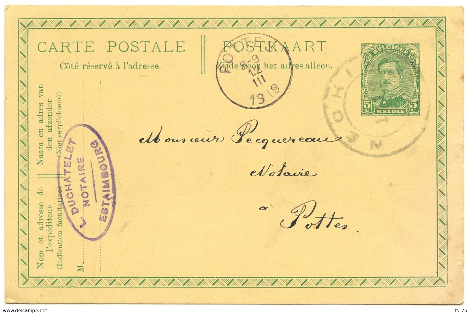 BELGIQUE - ENTIER 5C ALBERT 1ER CACHET CAOUTCHOUC  NECHIN - Cartes Postales 1909-1934