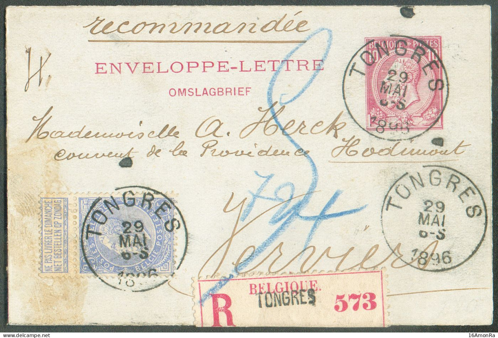 N°60 En Affranchissement Complémentaire Sur E.P. Enveloppe-lettre 10 Centimes Rose Sur Gris-bleu N°1), Obl. Sc TONGRES E - Postkarten 1871-1909