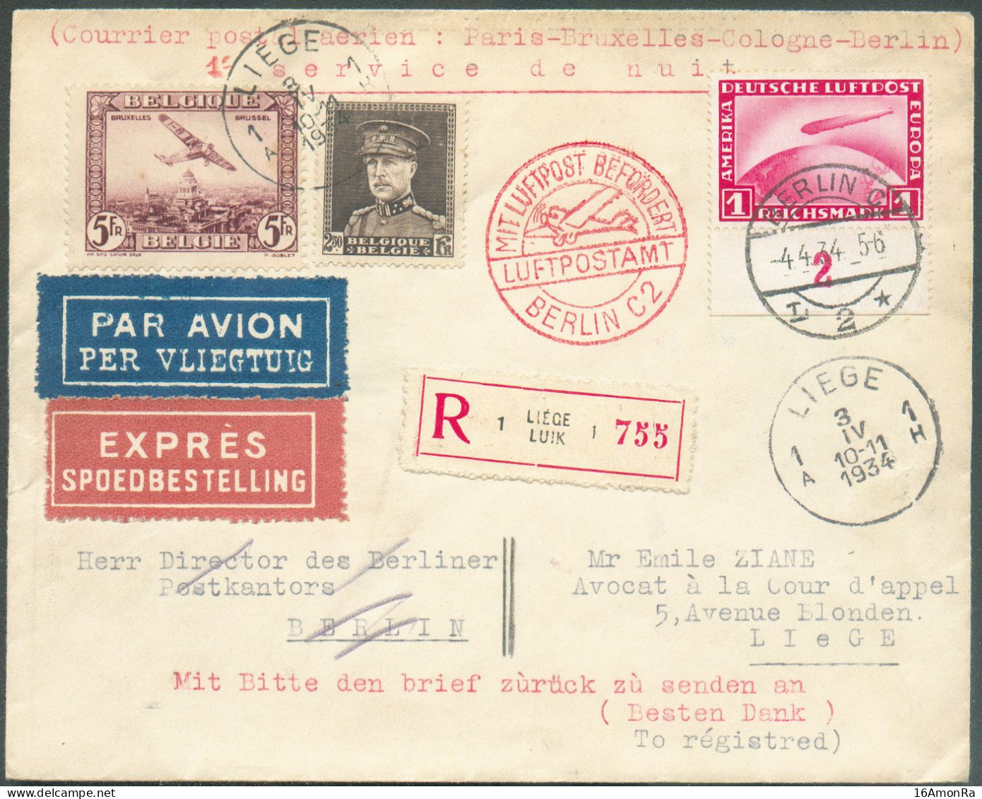 N°322 + PA N°4 Obl. Sc LIEGE 1 Le 3-IV-1934 En Affranchissement Mixte Avec ALLEMAGNE PA 1 Mark. (bdf Avec Chiffre 2) Obl - Correo Aéreo & Zeppelin