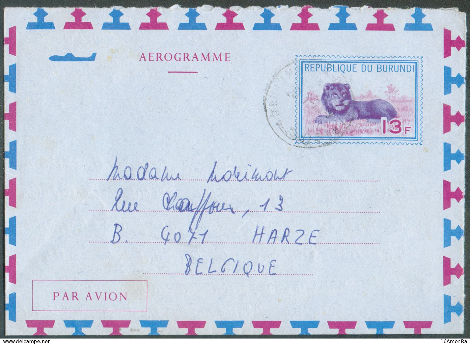 Aérogramme N°3 - 13Fr. LION Obl. Sc BUJUMBURA Du 27 Juillet 1975 Vers Harzé (BE). R. - TB - 21764 - Covers & Documents