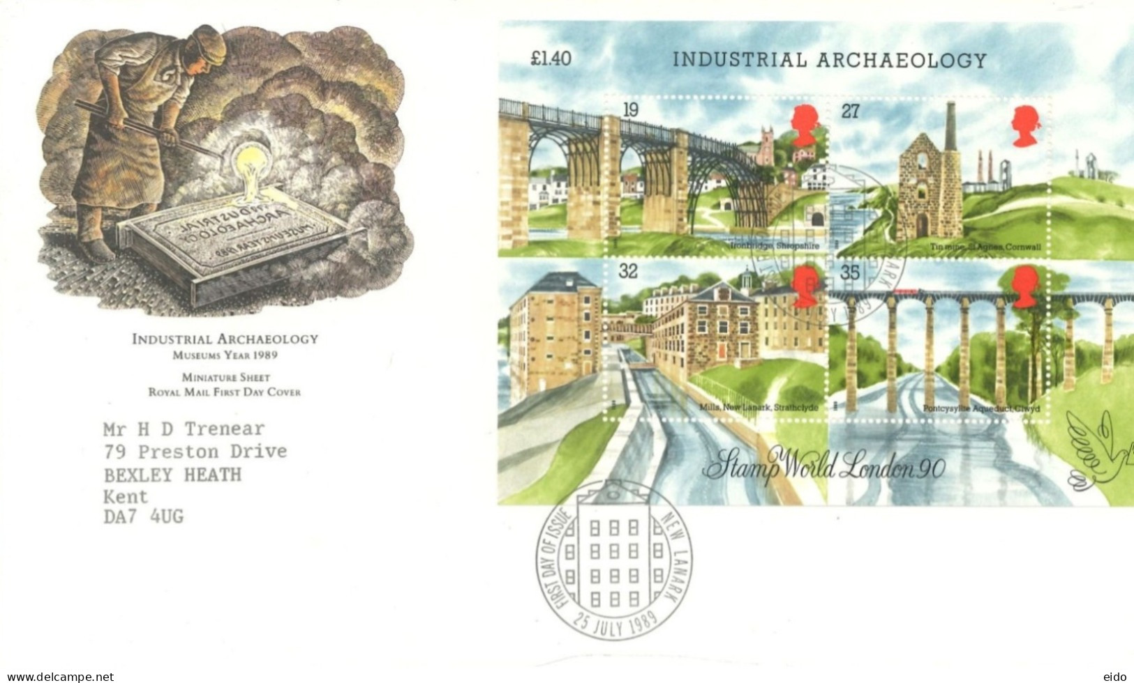 GREAT BRITAIN :1989, F.D.C,OF INDUSTRIAL ARCHAEOLOGY OF MINIATURE STAMPS SHEET TO KENT INCLUDING DESCRIPTION CARD .. - Brieven En Documenten