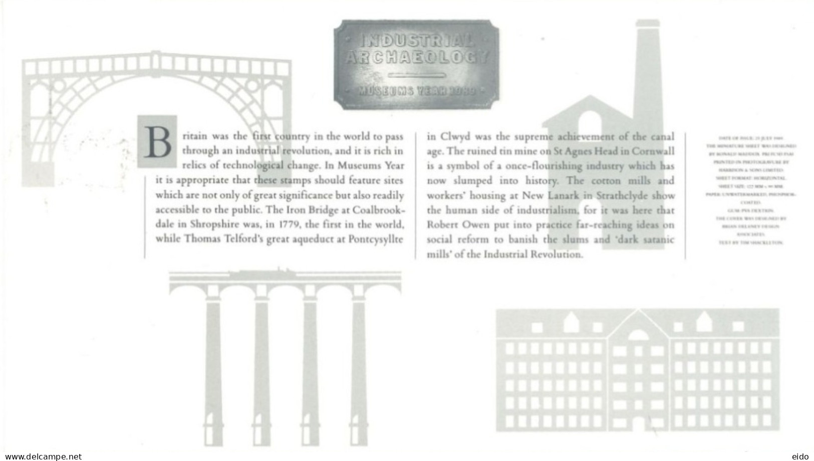 GREAT BRITAIN :1989, F.D.C,OF INDUSTRIAL ARCHAEOLOGY OF MINIATURE STAMPS SHEET TO KENT INCLUDING DESCRIPTION CARD .. - Brieven En Documenten