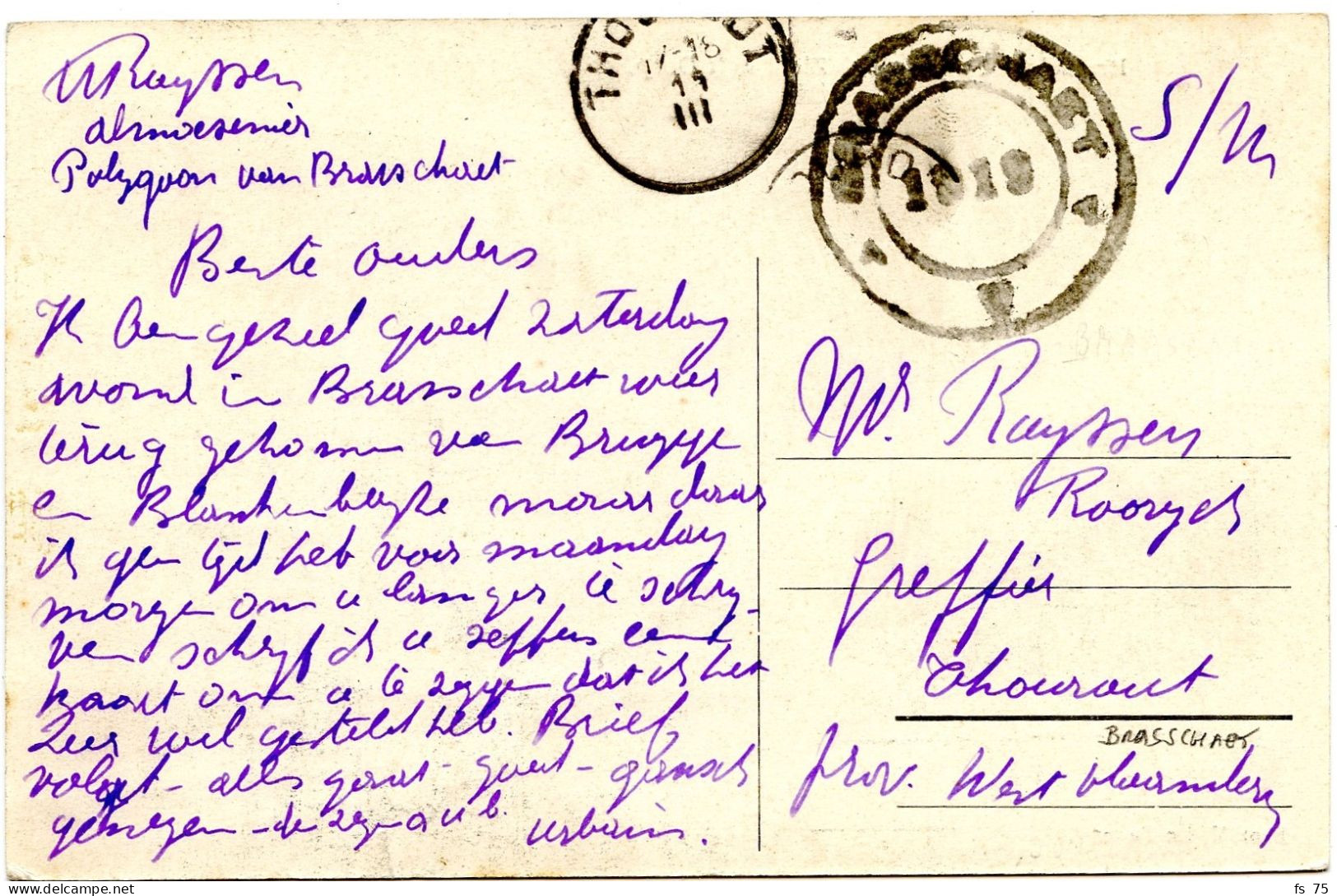 BELGIQUE - CACHET CAOUTCHOUC BRASSCHAET SUR CARTE POSTALE, 1919 - Briefe U. Dokumente