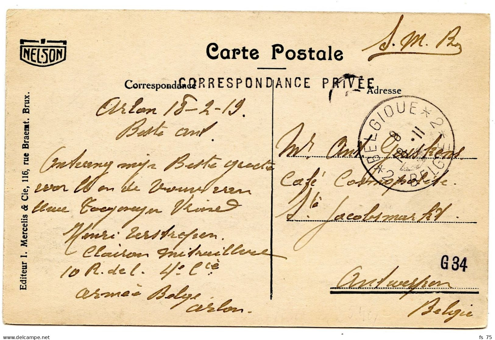 BELGIQUE - SIMPLE CERCLE BILINGUE 2 * BELGIQUE * 2 + GRIFFE CORRESPONDANCE PRIVEE SUR CARTE POSTALE D'ARLON, 1919 - Storia Postale