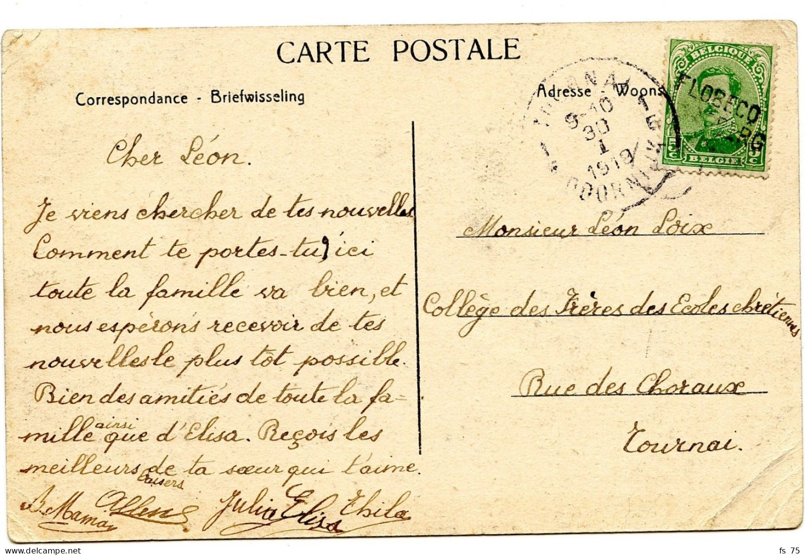 BELGIQUE - COB 137 GRIFFE BILINGUE FLOBECQ SUR CARTE POSTALE, 1919 - Briefe U. Dokumente