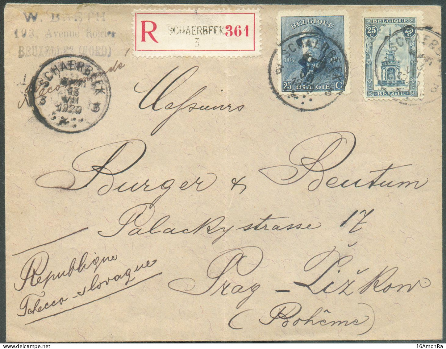 N°164-171 - 25 Cent. PERRON De LIEGE + 25 Cent. ROI CASQUE Obl. Sc SCHAERBEEK 3 Sur Lettre Recommandée Du 13-VII-1920 Ve - 1919-1920  Cascos De Trinchera