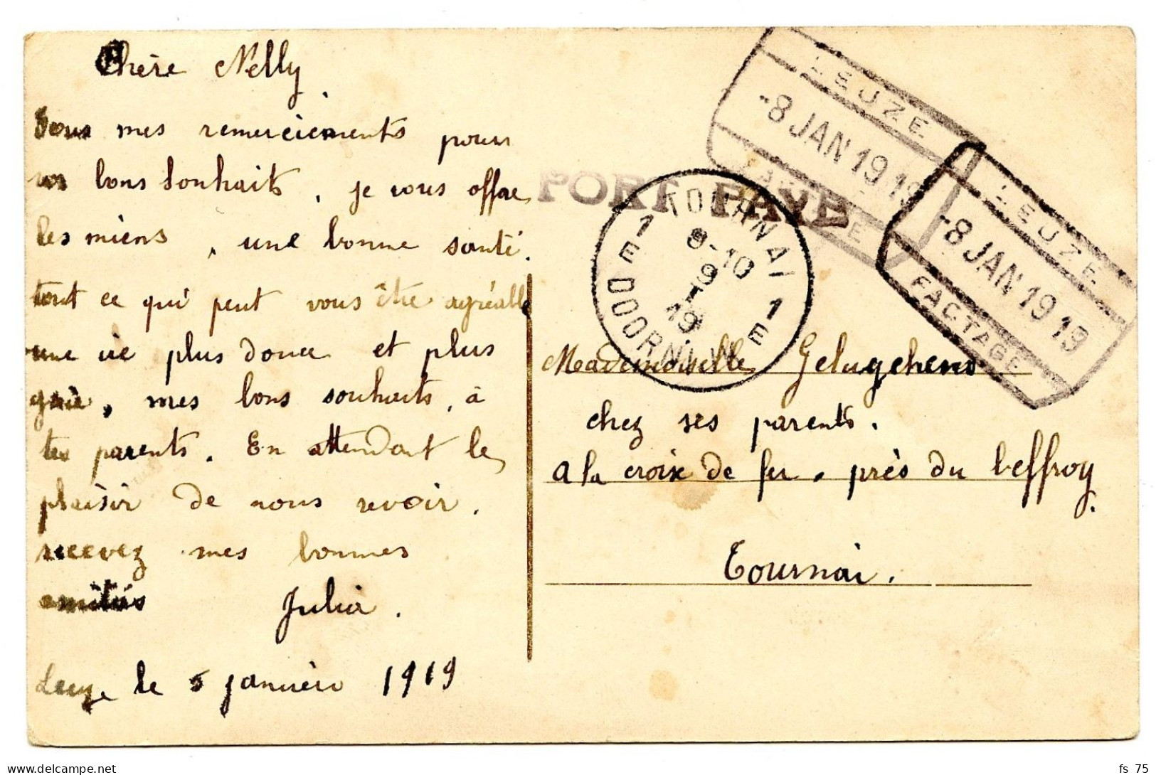 BELGIQUE - CACHET RECTANGULAIRE LEUZE FACTAGE + GRIFFE PORT PAYE SUR CARTE POSTALE, 1919 - Brieven En Documenten